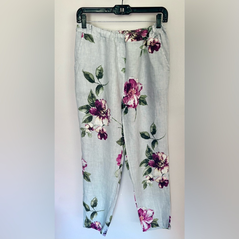 Tempo Paris Blue Cottage Floral Linen Relaxed Pull On Pants S